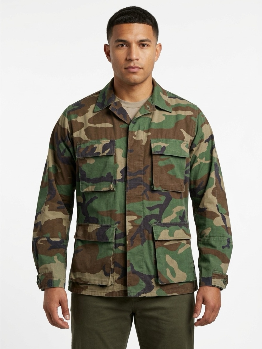 US Military 1982 Vintage BDU Combat Coat Woodland Camo Green Medium Long
